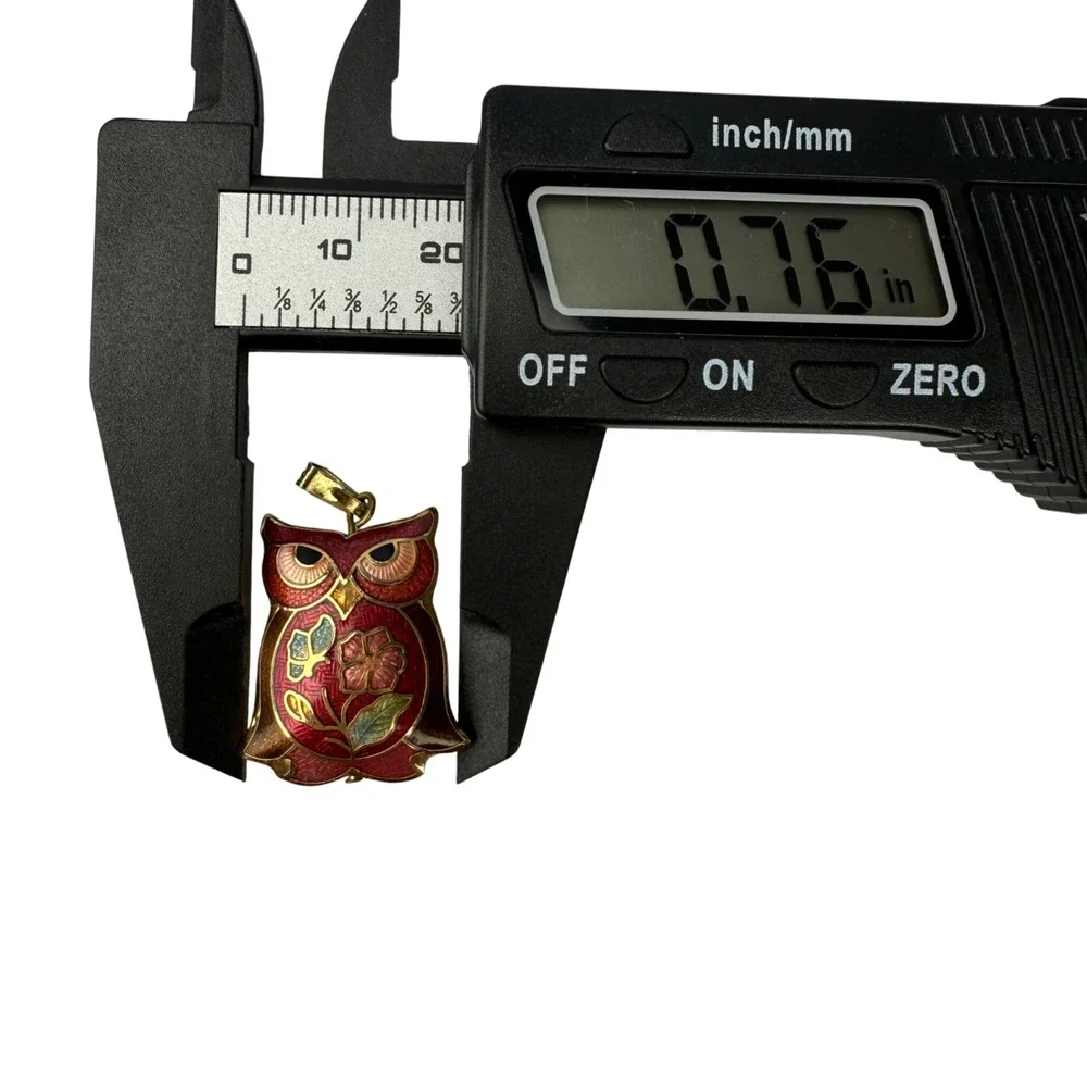 Vintage Cloisonne Owl Pendant Vintage Enamel Gold‎ Tone Necklace Charm Statement